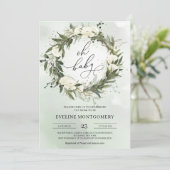 Modern Green Wreath White Roses Oh Babydusche Einladung (Stehend Vorderseite)