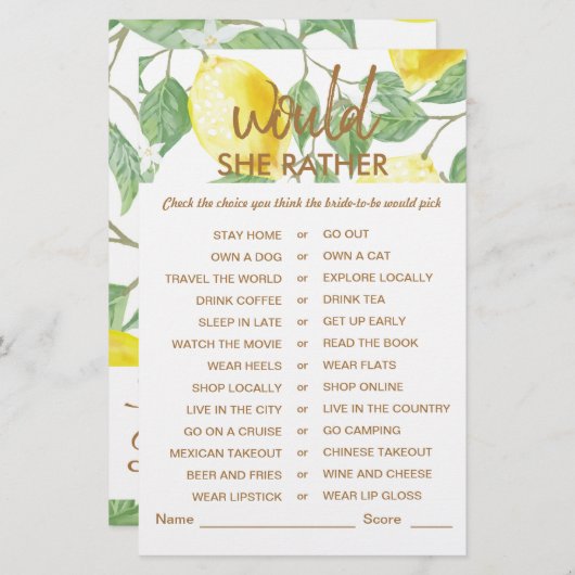 Modern Green Yellow Lemon Brautparty Game (Vorne/Hinten)