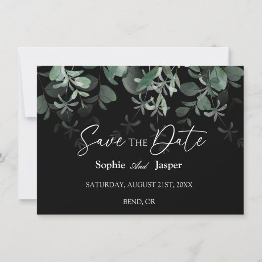 Modern Greenery Black Flat Save the Date Card (Vorderseite)