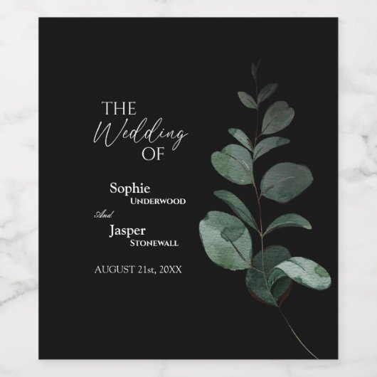 Modern Greenery Black Wedding Wine Label Weinetikett (Einzelnes Label)