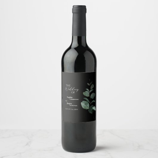 Modern Greenery Black Wedding Wine Label Weinetikett (Vorderseite)