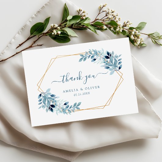 Modern Greenery Dusty Blue Geometric Wedding Dankeskarte