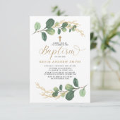 Modern Greenery Gold Boy Girl Taufe Einladung (Stehend Vorderseite)