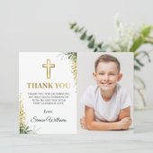 Modern Greenery Gold Cross Glitzer Erste Kommune Dankeskarte (Stehend Vorderseite)