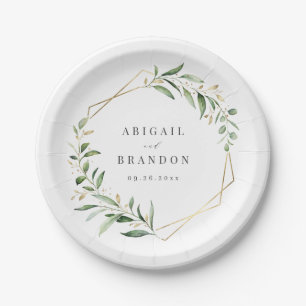 Modern Greenery Gold Geometric Rustic Wedding Pappteller