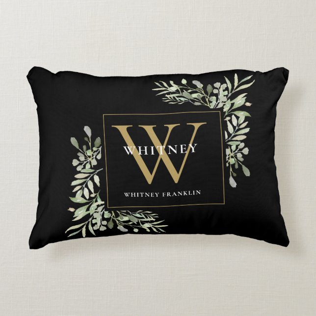 Modern Greenery Gold Initial Monogram Black Dekokissen (Vorderseite)