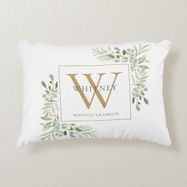 Modern Greenery Gold Initial Monogram Dekokissen (Vorderseite)