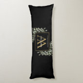 Modern Greenery Gold Monogram Black Seitenschläferkissen (Rückseite (Vertikal))