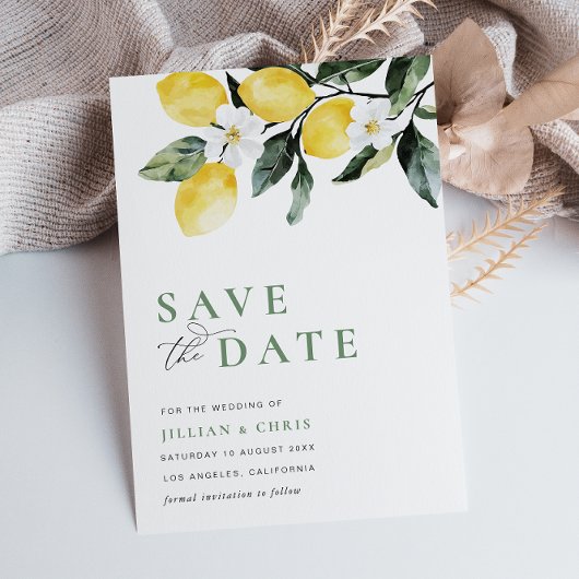 Modern Greenery Lemon Floral Save the Date Card Einladung
