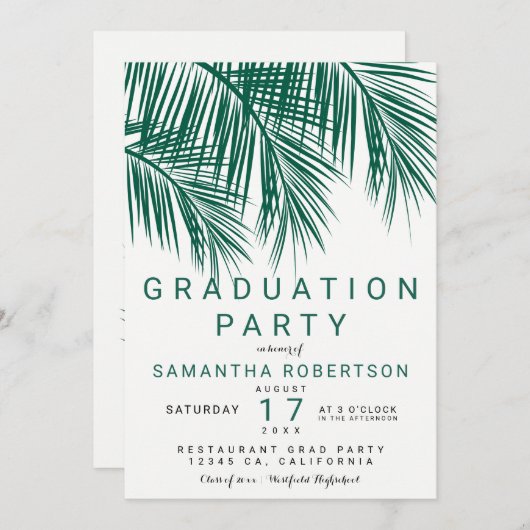 Modern greenery palm tree elegant graduation party einladung (Vorne/Hinten)