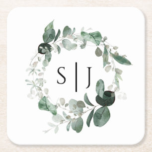 Modern Greenery White Wedding Monogram Rechteckiger Pappuntersetzer