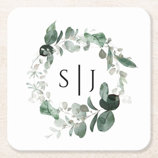 Modern Greenery White Wedding Monogram Rechteckiger Pappuntersetzer (Vorderseite)