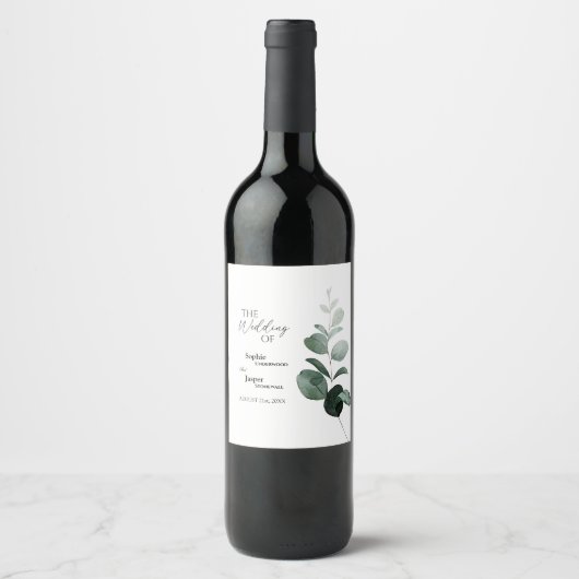 Modern Greenery White Wedding Wine Label Weinetikett (Vorderseite)