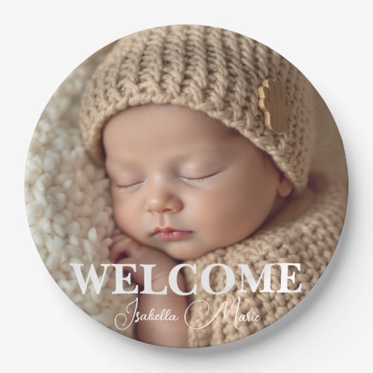  Modern Grey and White Photo Birth Announcement Pappteller (Vorderseite)