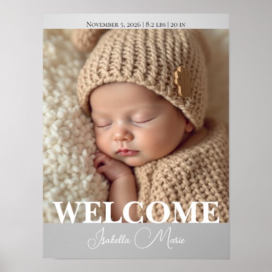 Modern Grey and White Photo Birth Announcement Poster (Vorne)
