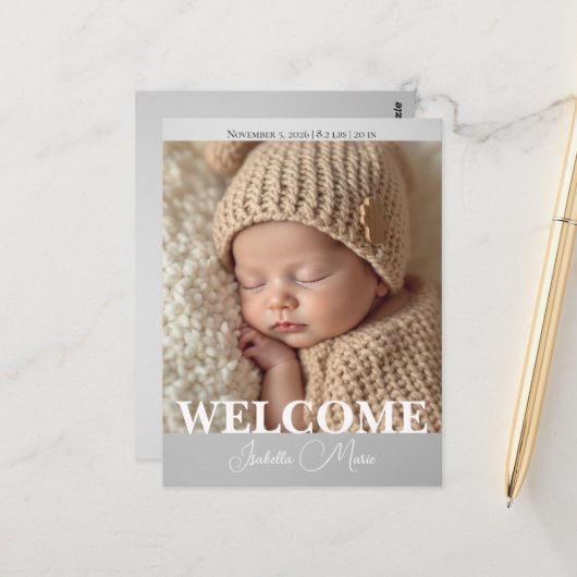  Modern Grey and White Photo Birth Announcement Postkarte (Vorderseite/Rückseite Beispiel)