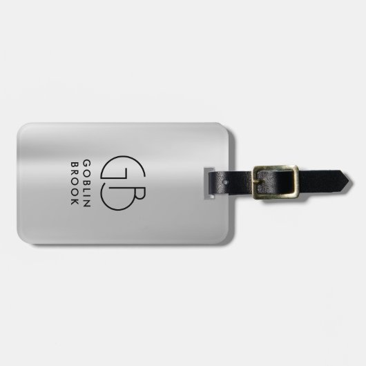 Modern Grey Metallic Black Monogram Brushed Gepäckanhänger (Vorderseite horizontal)