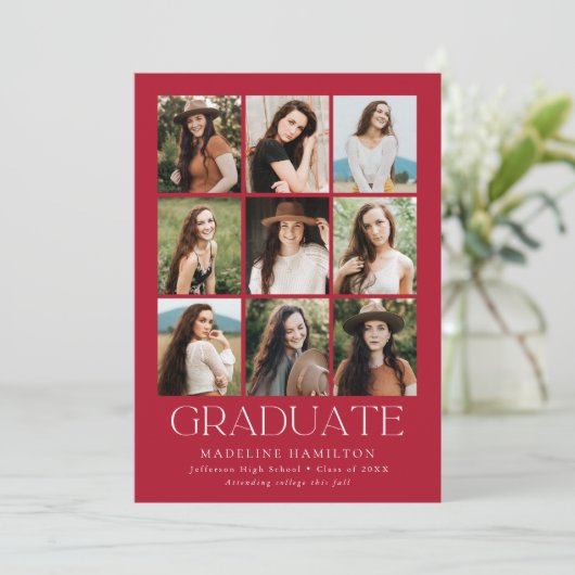 Modern Grid Red 9 Foto Collage Abschluss Ankündigung (Stehend Vorderseite)