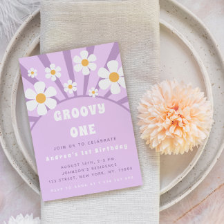 Modern Groovy One Retro Sunshine Erstgeburt Einladung