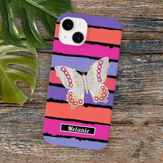 Modern groovy stripes monogrammed butterfly retro  Case-Mate iPhone hülle