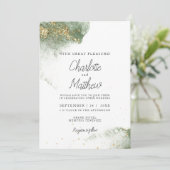 Modern Grün Gold ( Imitat) Watercolour Kleckse Einladung (Stehend Vorderseite)