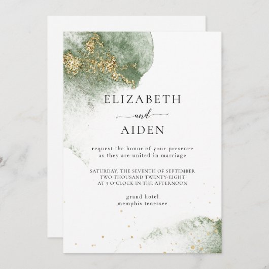 Modern Grün Gold ( Imitat) Watercolour Kleckse Einladung (Vorne/Hinten)