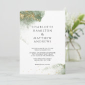 Modern Grün Gold ( Imitat) Watercolour Kleckse Einladung (Stehend Vorderseite)