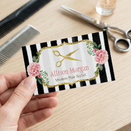 Modern Haar Stylist Girl Gold Pink Blütenstreifen Visitenkarte
