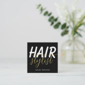 Modern haar stylist script schwarz quadratische visitenkarte (Stehend Vorderseite)