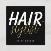 Modern haar stylist script schwarz quadratische visitenkarte (Vorderseite)