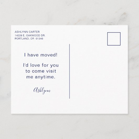 Modern habe ich neue Zuhause Navy Blue übertragen Ankündigungspostkarte (Rückseite)