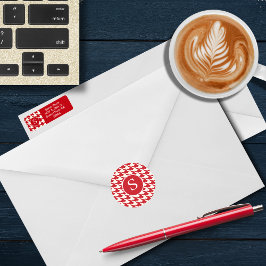 Modern Hahnentrittmuster Cherry Red & White Monogr Runder Aufkleber