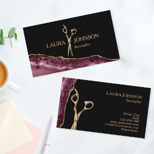 Modern Hair Stylist Gold Scissors Burgundy Agate Visitenkarte