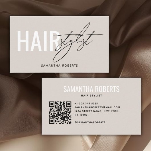 Modern hair stylist QR Code beige Visitenkarte