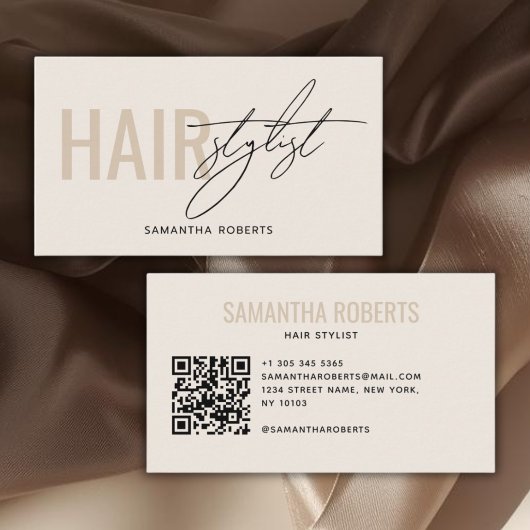Modern hair stylist QR Code cream Visitenkarte