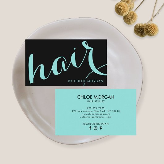 Modern hair stylist script black and blue visitenkarte