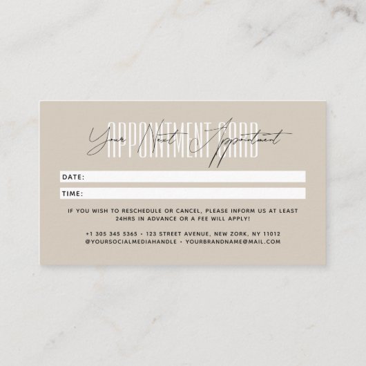 Modern hair stylist script typography beige terminkarte (Rückseite)