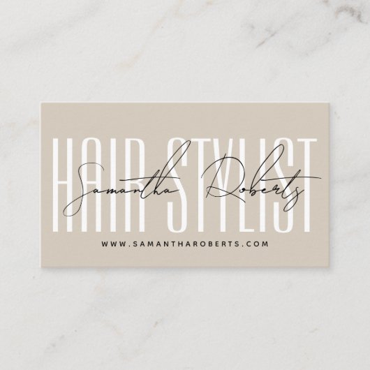 Modern hair stylist script typography beige terminkarte (Vorderseite)