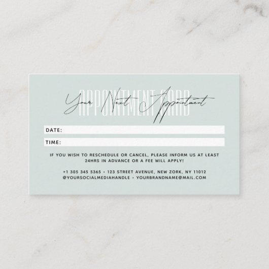 Modern hair stylist script typography blue terminkarte (Rückseite)