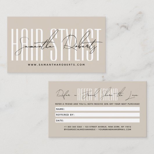 Modern hair stylist script typography customer empfehlungskarte (Vorne/Hinten)