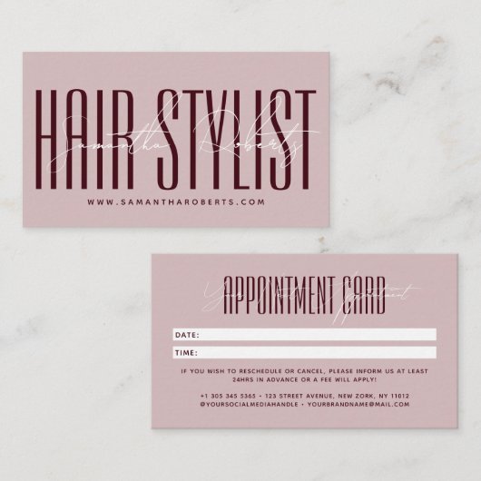 Modern hair stylist script typography pink red terminkarte (Vorne/Hinten)