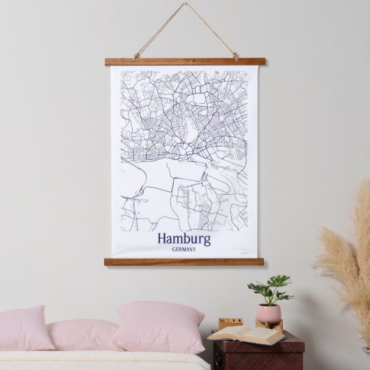 Modern Hamburg Deutschland City Map Wandteppich Mit Holzrahmen (Schlafzimmer)