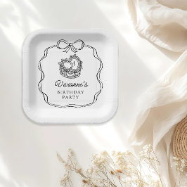 Modern Hand Drawn Black Bow Girl Geburtstag Pappteller