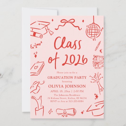Modern Hand Drawn Class of 2026 Graduation Party Einladung (Vorderseite)