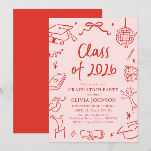 Modern Hand Drawn Class of 2026 Graduation Party Einladung (Vorne/Hinten)