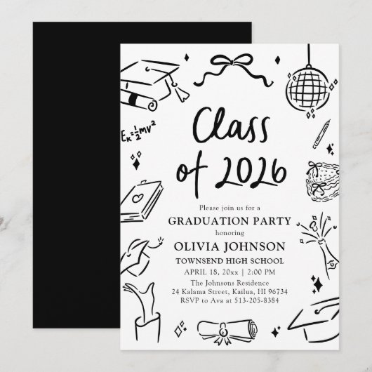 Modern Hand Drawn Class of 2026 Graduation Party Einladung (Vorne/Hinten)