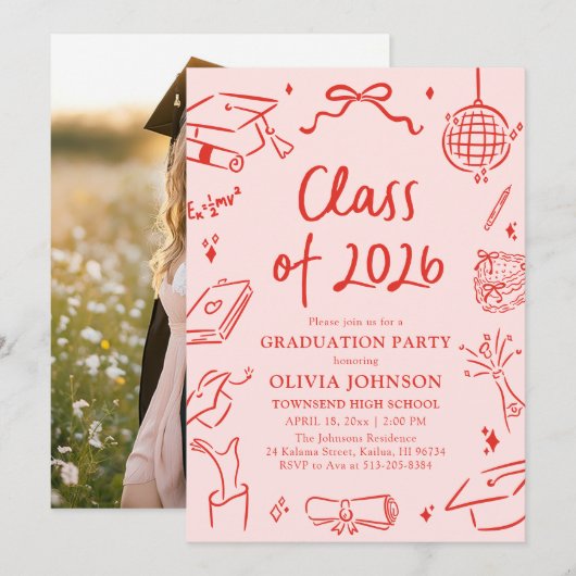 Modern Hand Drawn Class of 2026 Graduation Party Einladung (Vorne/Hinten)