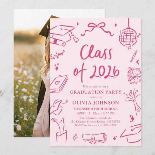 Modern Hand Drawn Class of 2026 Graduation Party Einladung (Vorne/Hinten)