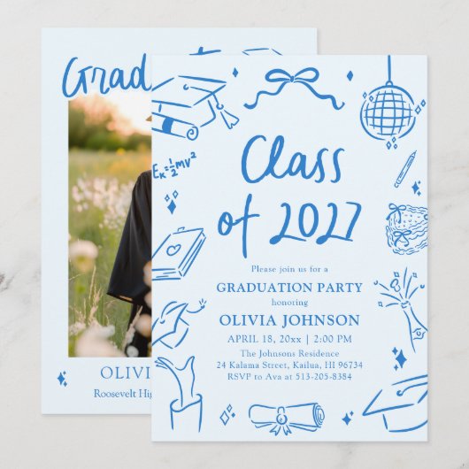Modern Hand Drawn Class of 2027 Graduation Party Einladung (Vorne/Hinten)