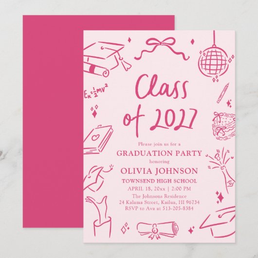 Modern Hand Drawn Class of 2027 Graduation Party Einladung (Vorne/Hinten)
